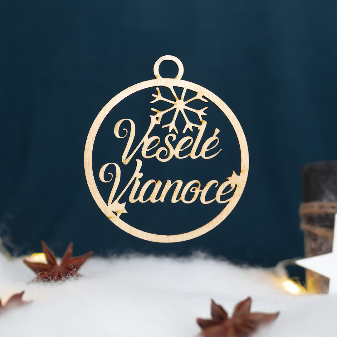 Drevená vianočná ozdoba s nápisom Veselé Vianoce - 3ks