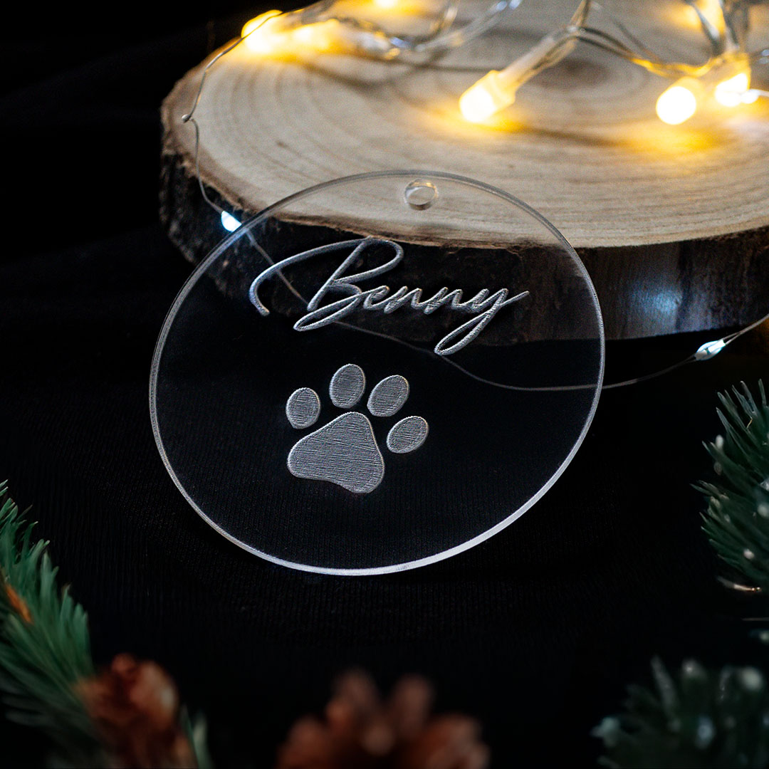 Transparentná vianočná ozdoba pre psíka s menom